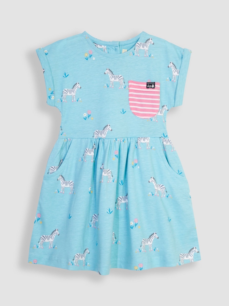 JoJo Maman Bébé Duck Egg Blue Zebra Drop Shoulder Jersey Dress - Image 1 of 3