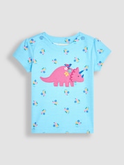 JoJo Maman Bébé Duck Egg Blue Dino Appliqué T-Shirt - Image 1 of 3