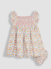JoJo Maman Bébé Cream Apple & Peach Cotton Linen Smocked Baby Dress With Knickers - Image 1 of 4