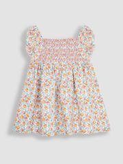 JoJo Maman Bébé Cream Apple & Peach Cotton Linen Smocked Baby Dress With Knickers - Image 2 of 4