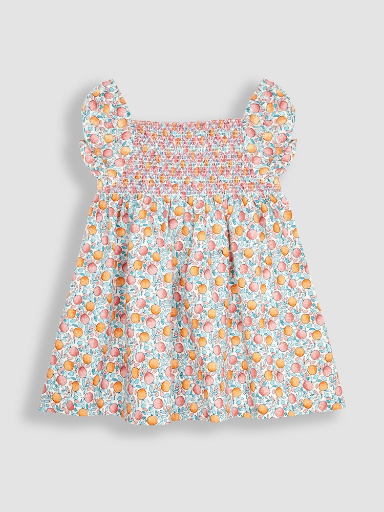 JoJo Maman Bébé Cream Apple & Peach Cotton Linen Smocked Baby Dress With Knickers - Image 2 of 4