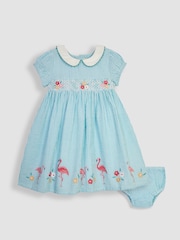 JoJo Maman Bébé Duck Egg Blue Flamingo Embroidered Smocked Dress - Image 1 of 4