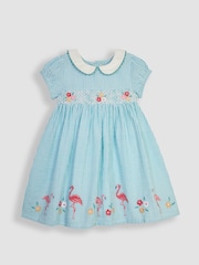 JoJo Maman Bébé Duck Egg Blue Flamingo Embroidered Smocked Dress - Image 2 of 4