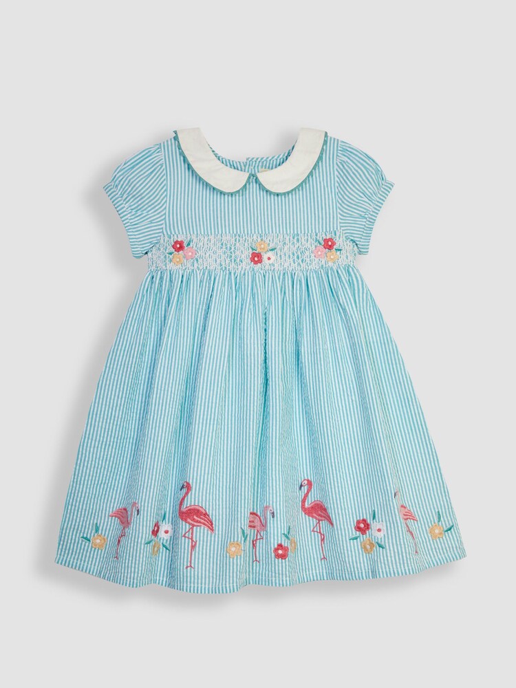 JoJo Maman Bébé Duck Egg Blue Flamingo Embroidered Smocked Dress - Image 2 of 4