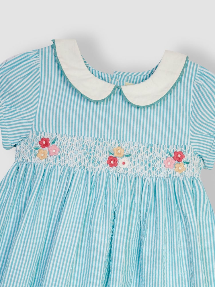 JoJo Maman Bébé Duck Egg Blue Flamingo Embroidered Smocked Dress - Image 4 of 4