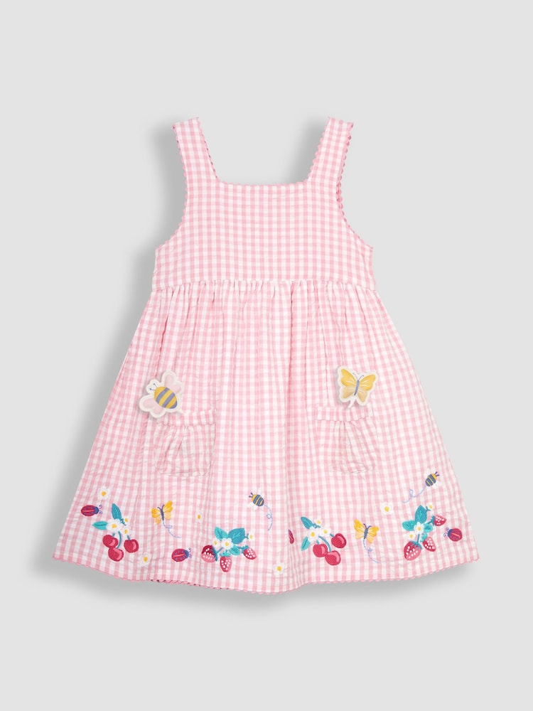 JoJo Maman Bébé Pink Strawberry Embroidered Pet In Pocket Gingham Dress - Image 2 of 7