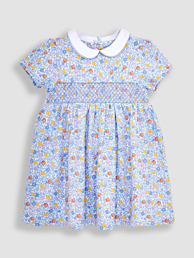 JoJo Maman Bébé Lilac Orange & Lemon Ditsy Floral Smocked Jersey Dress - Image 1 of 3