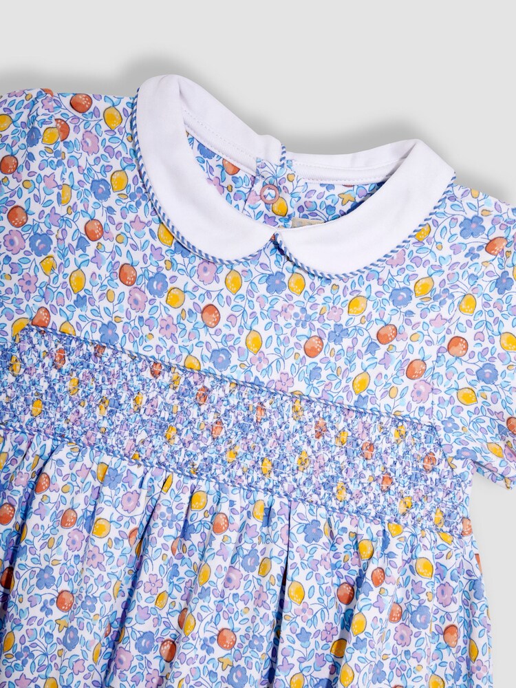 JoJo Maman Bébé Lilac Orange & Lemon Ditsy Floral Smocked Jersey Dress - Image 2 of 3