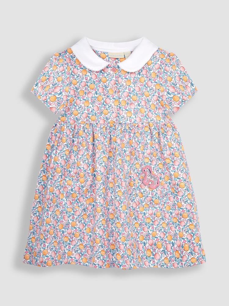 JoJo Maman Bébé Pink Apple & Peach Floral Peter Pan Pet In Pocket Jersey Dress - Image 1 of 4