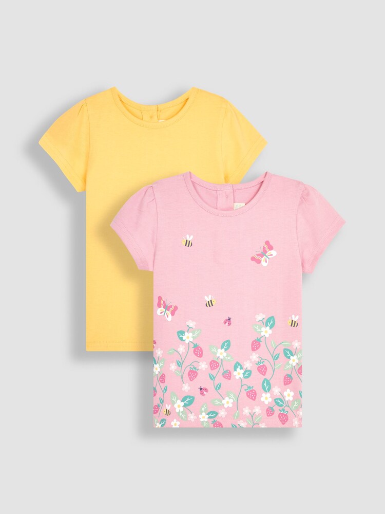 JoJo Maman Bébé Pink Strawberry Garden & Yellow 2-Pack T-Shirts - Image 1 of 3 JoJo Maman Bébé Pink Strawberry Garden & Yellow 2-Pack T-Shirts - Image 1 of 3
