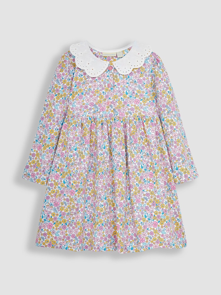 JoJo Maman Bébé Pink Jungle Floral Broderie Collar Jersey Dress - Image 1 of 3