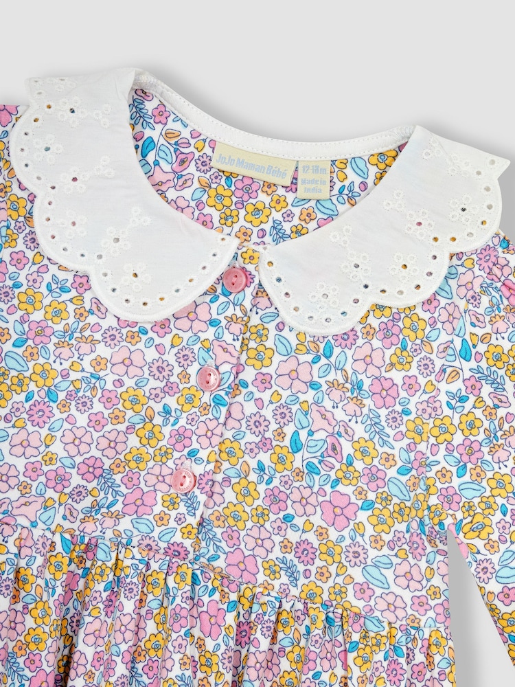 JoJo Maman Bébé Pink Jungle Floral Broderie Collar Jersey Dress - Image 2 of 3