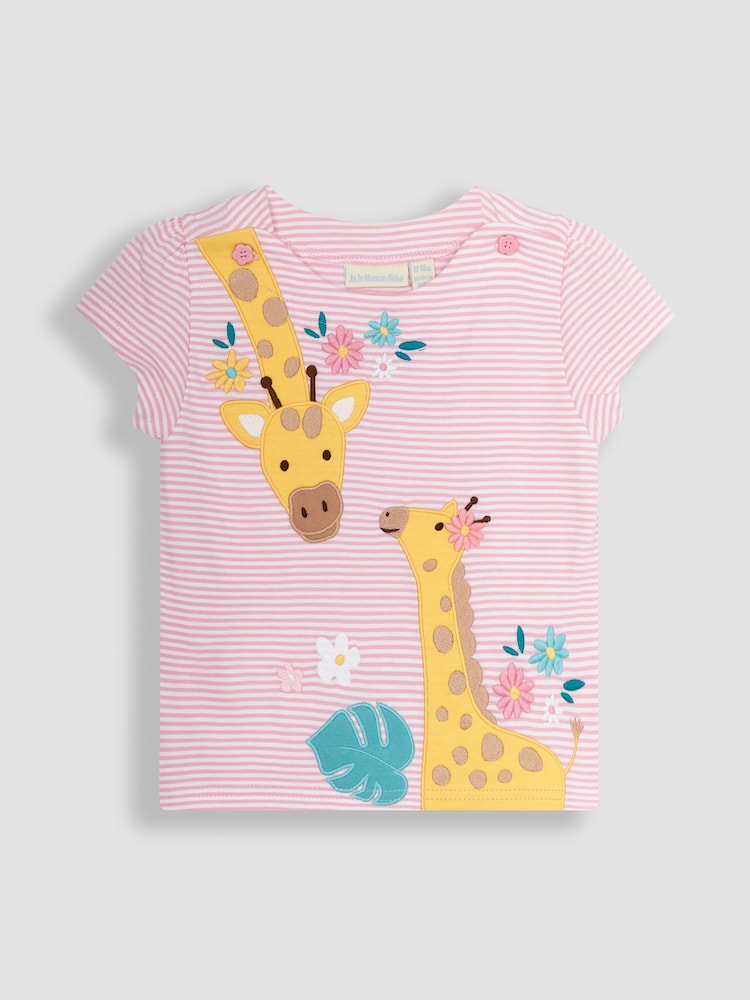 JoJo Maman Bébé Rose Pink Giraffe Appliqué T-Shirt - Image 1 of 3