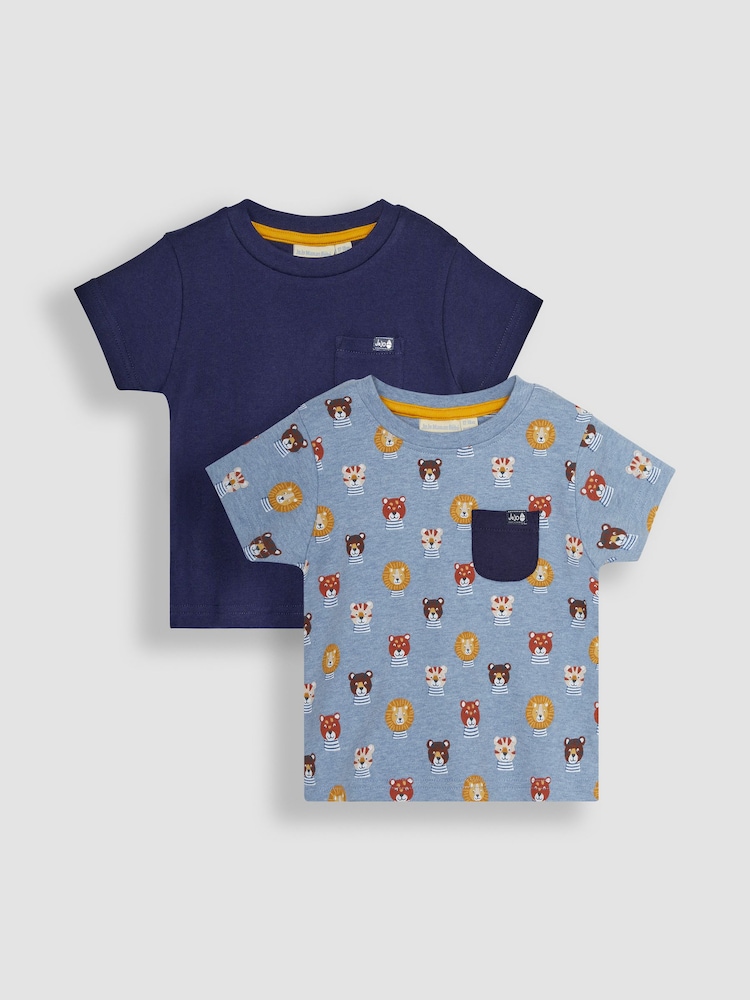 JoJo Maman Bébé Blue Safari Cats 2-Pack Pocket T-Shirts - Image 1 of 4