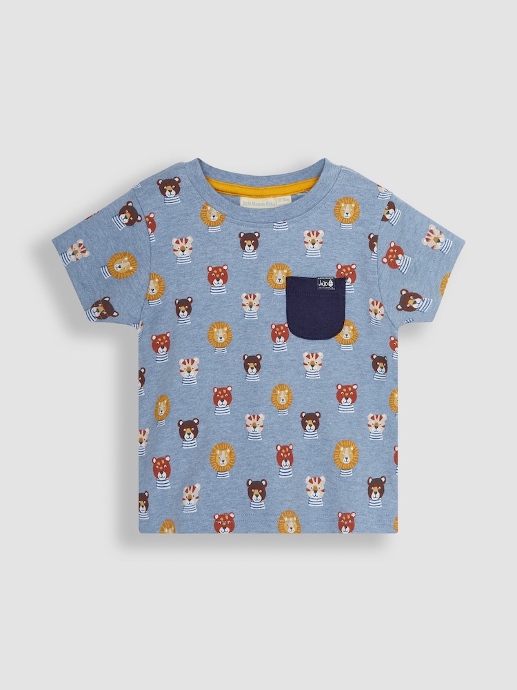 JoJo Maman Bébé Blue Safari Cats 2-Pack Pocket T-Shirts - Image 2 of 4