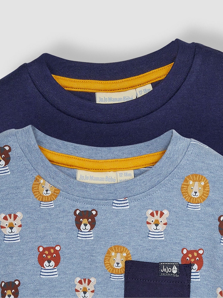 JoJo Maman Bébé Blue Safari Cats 2-Pack Pocket T-Shirts - Image 4 of 4