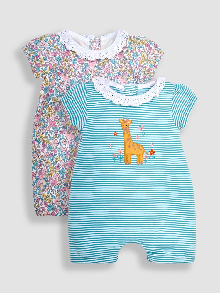 JoJo Maman Bébé Pink Giraffe 2-Pack Appliqué & Floral Rompers - Image 1 of 6