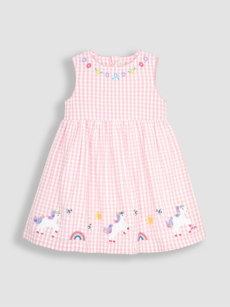 JoJo Maman Bébé Pink Unicorn Appliqué Gingham Summer Dress - Image 1 of 3