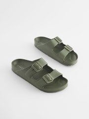 Khaki Green EVA Double Strap Flat Slider Sandals With Adjustable Buckles - Image 1 of 5