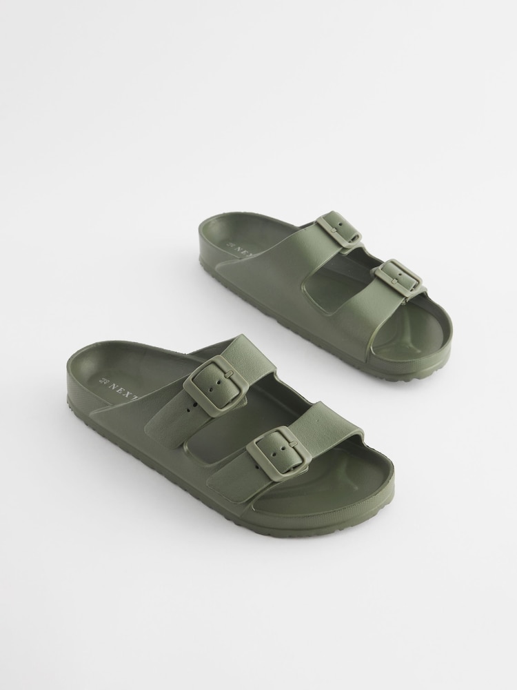 Khaki Green EVA Double Strap Flat Slider Sandals With Adjustable Buckles - Image 1 of 5