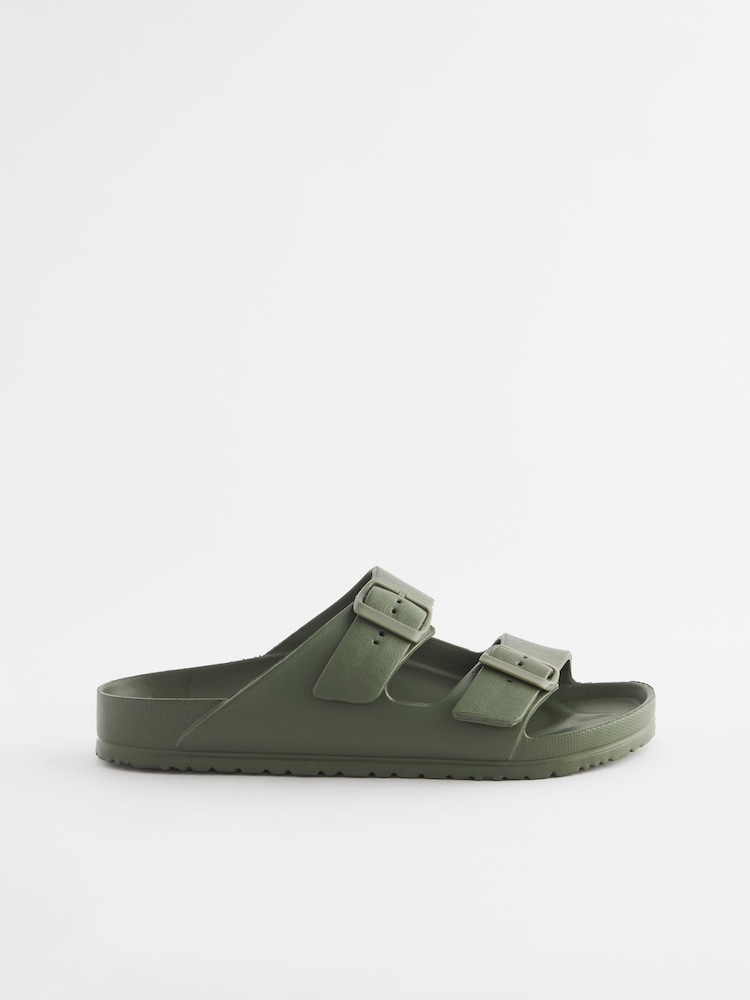 Khaki Green EVA Double Strap Flat Slider Sandals With Adjustable Buckles - Image 2 of 5