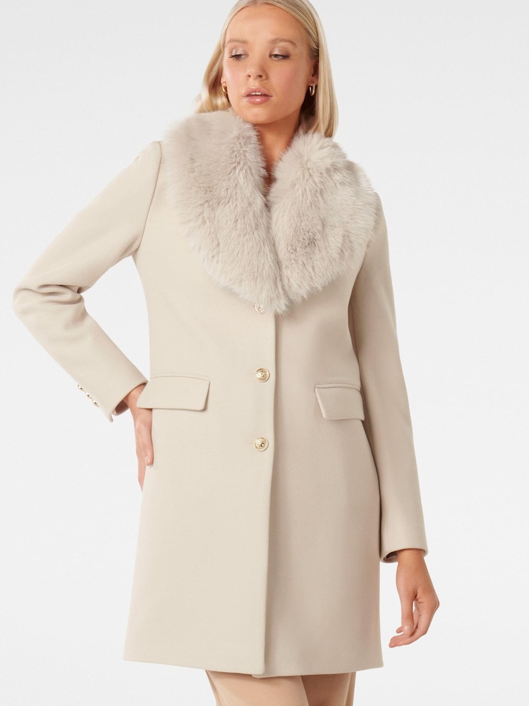 Forever New Cream Lucinda Short Faux Fur Collar Coat - Image 1 of 5