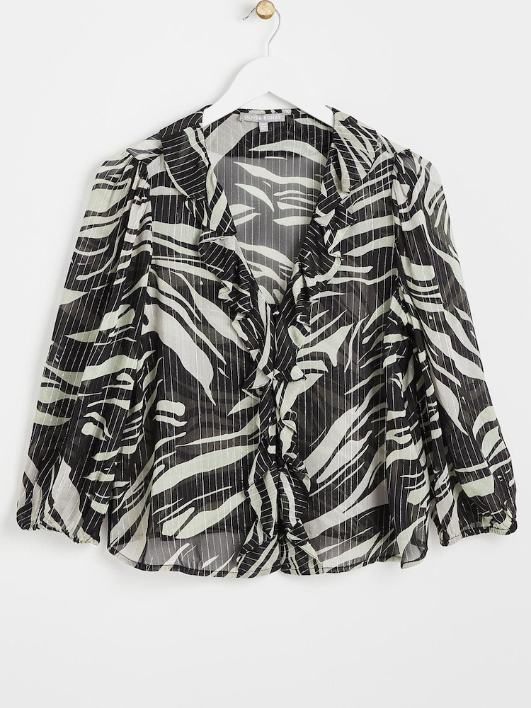 Oliver Bonas Metallic Stripe Frill V-Neck Black Blouse - Image 1 of 5