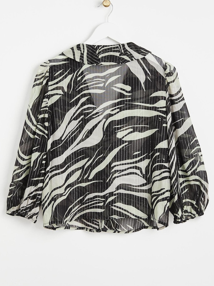 Oliver Bonas Metallic Stripe Frill V-Neck Black Blouse - Image 2 of 5 Oliver Bonas Metallic Stripe Frill V-Neck Black Blouse - Image 2 of 5