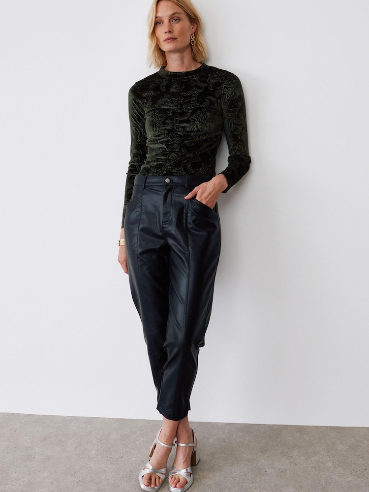 Oliver Bonas Black Faux Fur Leather Tapered Leg Trousers - Image 1 of 8