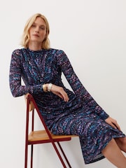 Oliver Bonas Blue Feather Print Mesh Midi Dress - Image 1 of 8