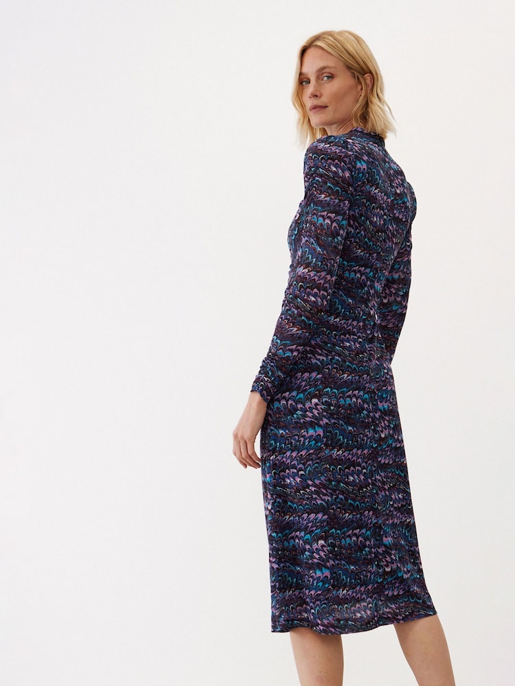 Oliver Bonas Blue Feather Print Mesh Midi Dress - Image 2 of 8