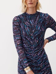 Oliver Bonas Blue Feather Print Mesh Midi Dress - Image 3 of 8
