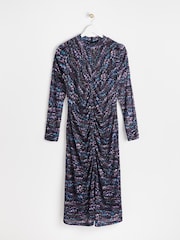 Oliver Bonas Blue Feather Print Mesh Midi Dress - Image 4 of 8