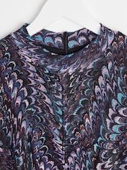 Oliver Bonas Blue Feather Print Mesh Midi Dress - Image 7 of 8