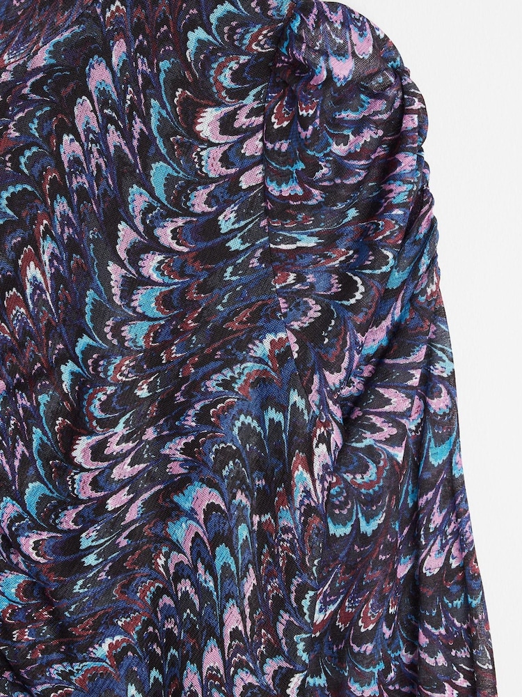 Oliver Bonas Blue Feather Print Mesh Midi Dress - Image 8 of 8