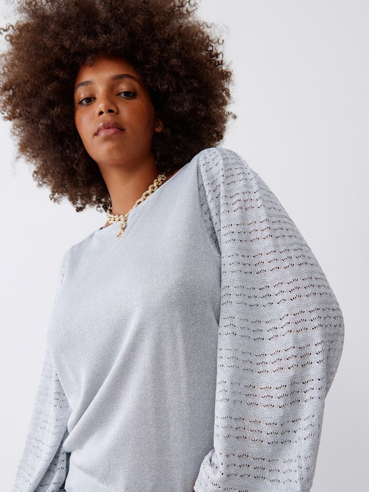 Oliver Bonas Silver Sparkle Stitch Sleeve Knitted Top - Image 1 of 8