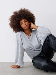 Oliver Bonas Silver Sparkle Stitch Sleeve Knitted Top - Image 3 of 8
