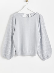 Oliver Bonas Silver Sparkle Stitch Sleeve Knitted Top - Image 4 of 8
