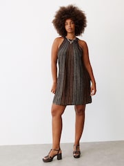 Oliver Bonas Black/Copper Sparkle Stripe Halter Neck Shift Dress - Image 1 of 8