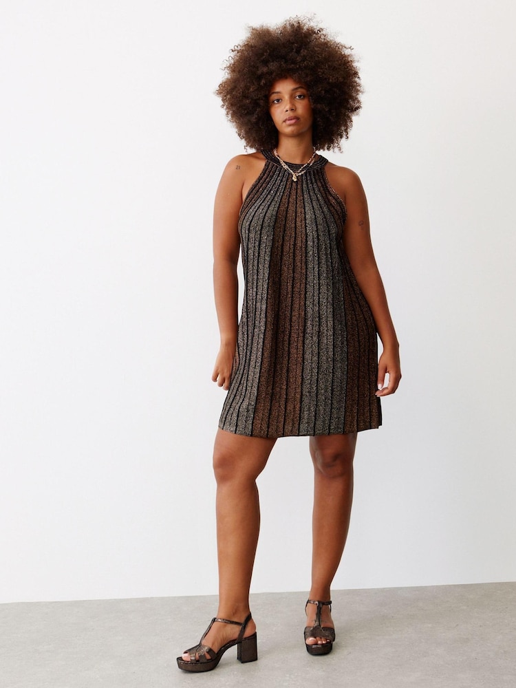 Oliver Bonas Black/Copper Sparkle Stripe Halter Neck Shift Dress - Image 1 of 8