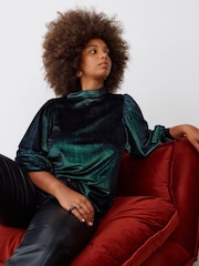 Oliver Bonas Green Iridescent Green Velvet Long Sleeve Top - Image 1 of 8
