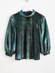 Oliver Bonas Green Iridescent Green Velvet Long Sleeve Top - Image 4 of 8