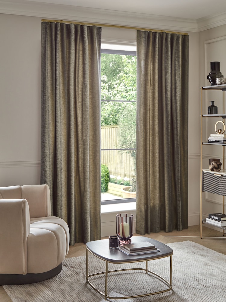 Black/Bronze Gold Metallic Stripe Wave Header Lined Curtains - Image 1 of 5
