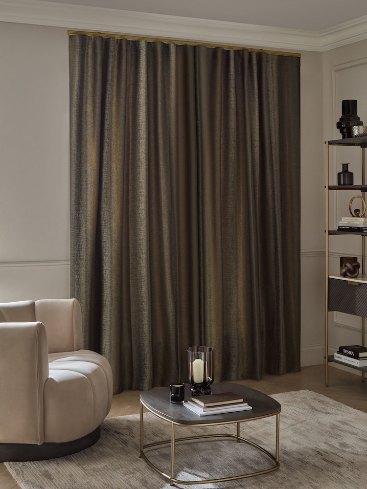 Black/Bronze Gold Metallic Stripe Wave Header Lined Curtains - Image 2 of 5