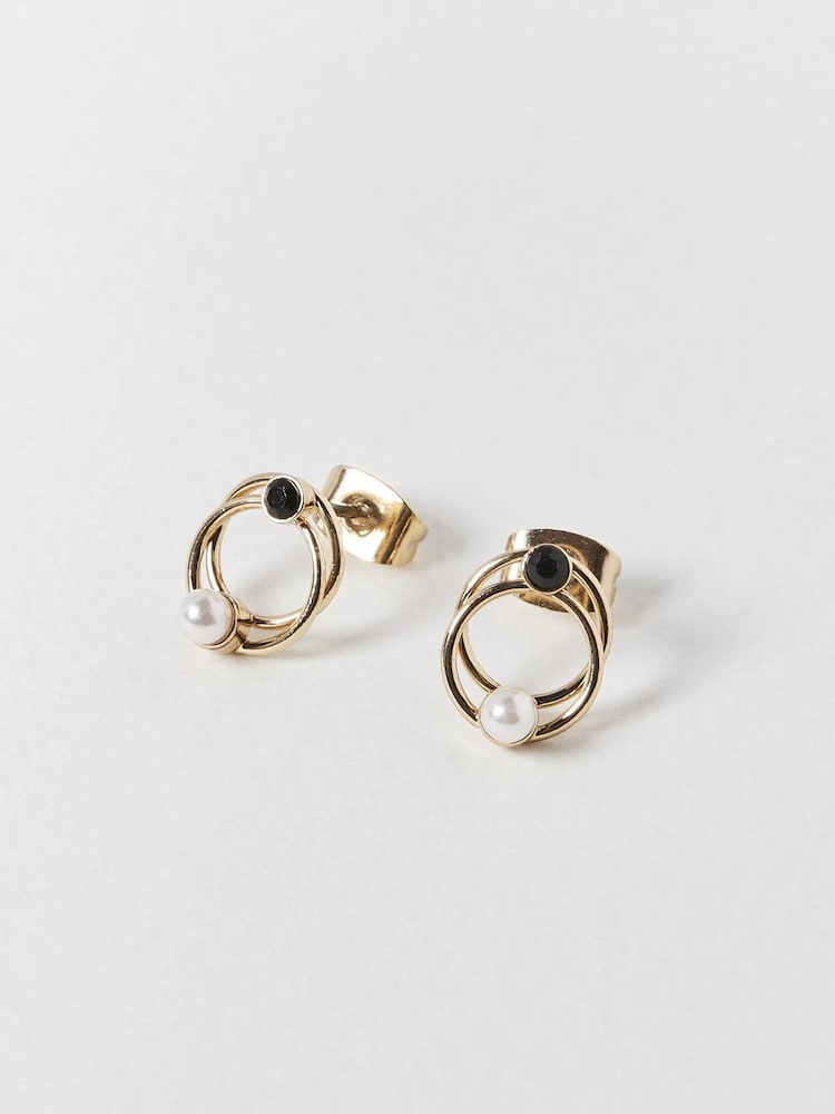 Oliver Bonas Black Loop & Faux Pearl Faye Stud Earrings - Image 1 of 6 Oliver Bonas Black Loop & Faux Pearl Faye Stud Earrings - Image 1 of 6