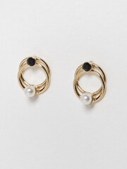 Oliver Bonas Black Loop & Faux Pearl Faye Stud Earrings - Image 3 of 6