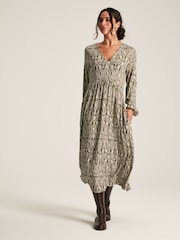 Joules Nia Green Printed Long Sleeve Midaxi Dress With Pockets - Image 1 of 7