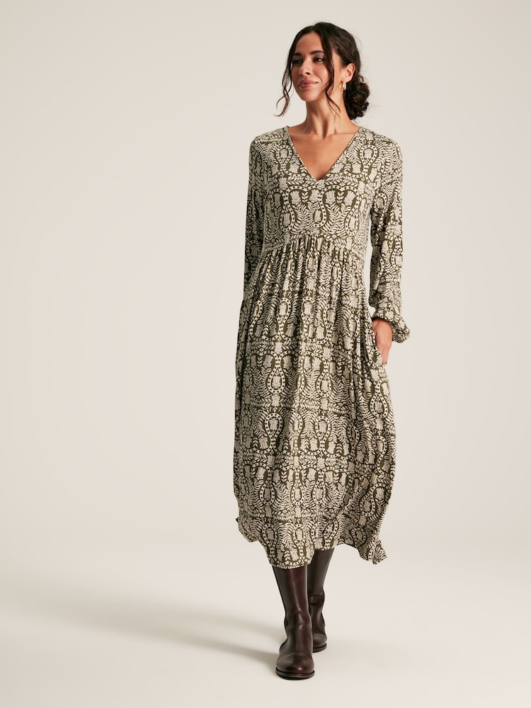 Joules Nia Green Printed Long Sleeve Midaxi Dress With Pockets - Image 1 of 7