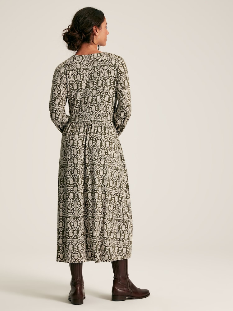Joules Nia Green Printed Long Sleeve Midaxi Dress With Pockets - Image 2 of 7