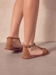 Camel Brown Forever Comfort® Leather T-Bar Huarache Shoes - Image 3 of 9
